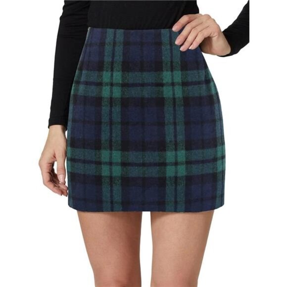Women's Wool Plaid Mini Skirt - High-Waisted Bodycon Pencil Skirt - Picture 3 of 7